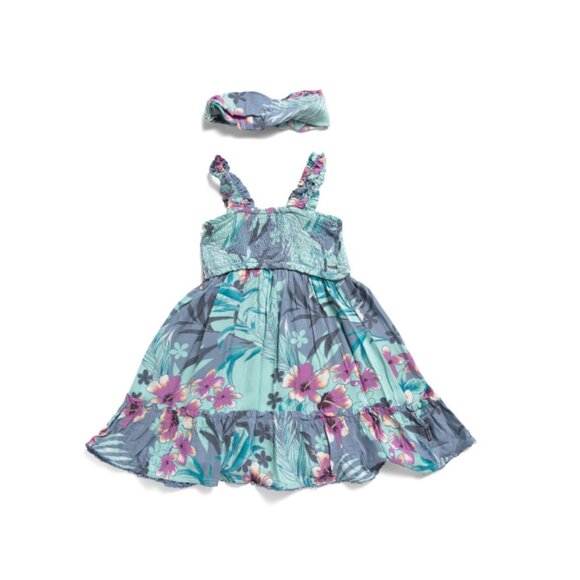 VOLCOM Mineral Blue Little Girls Printed Dress With Matching Headband - Picture 1 of 2